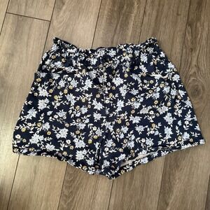y2k Time and Tru Womens Navy Blue Floral Paperbag Waist Shorts Size 14 High Rise